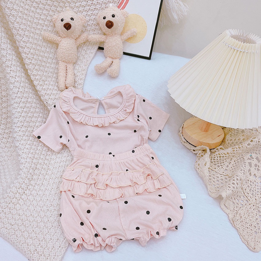 Bộ Quần Áo Trẻ Em Cộc Tay FOREVER ALWAYS Chấm Bi Bèo Vải Tăm Lạnh Cho Bé Gái Từ 8-20kg