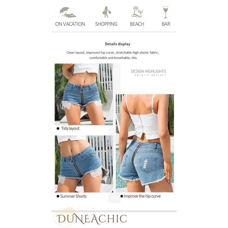 DUNEA Quần Short Denim Lưng Cao Thiết Kế Xẻ Rách Phong Cách Quyến Rũ