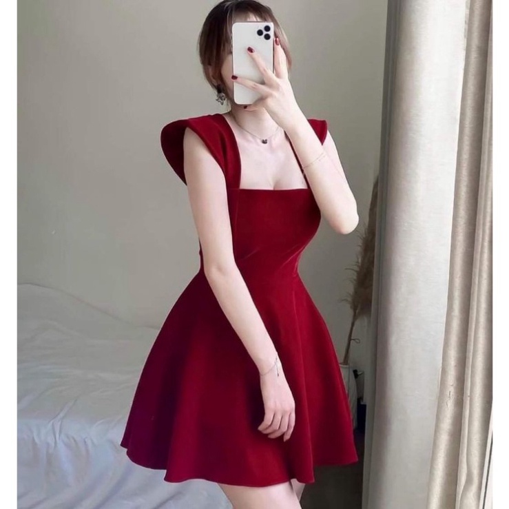 🔥40-65KG🔥 Đầm váy xoè 2 dây bản to bigsize 🔥nhung đỏ🔥 cúp ngực cổ vuông ivy.fashion đi biển dự tiệc dạo phố gợi cảm sexy