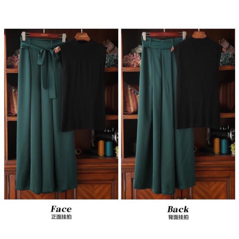 Set Bộ công sở áo thun quần xẻ tà, Set áo thun gân mix quần tây ống rộng xẻ tà | BigBuy360 - bigbuy360.vn