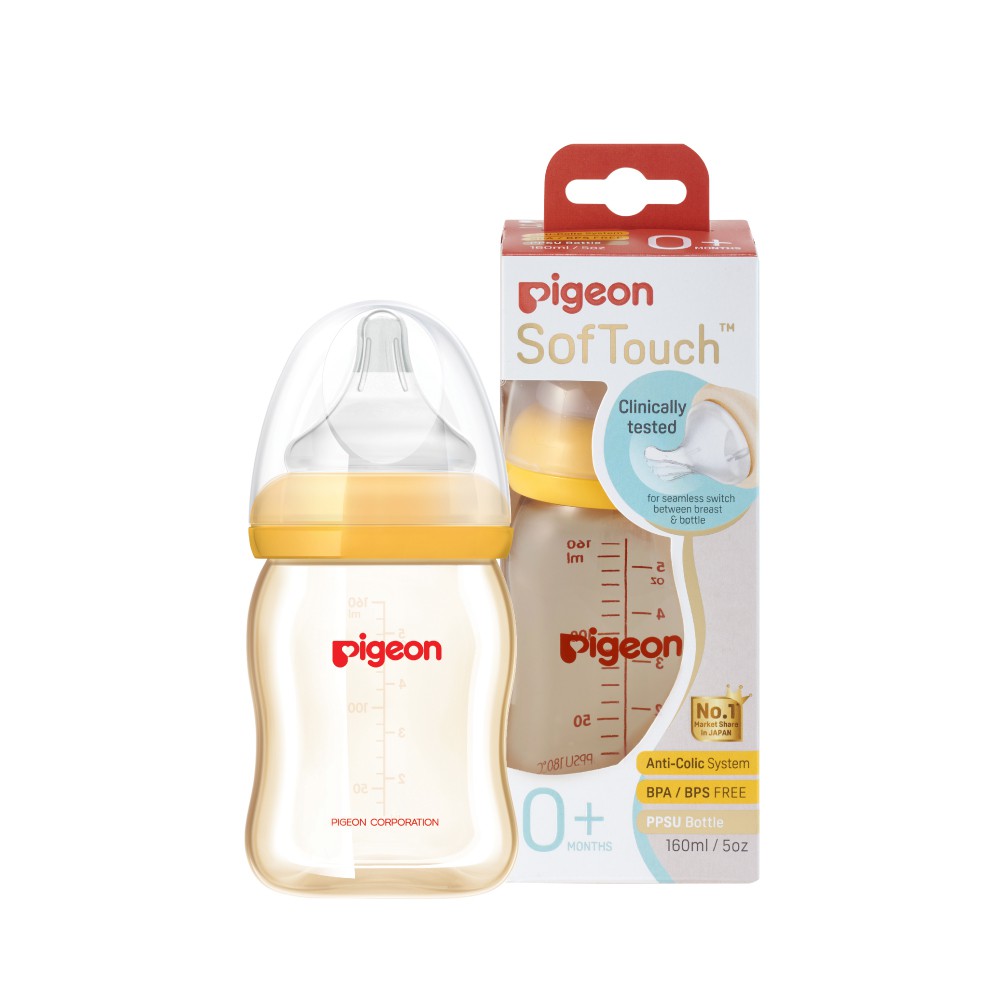 Bình sữa Pigeon 160ml cổ rộng PPSU Plus với núm vú silicone siêu mềm Plus