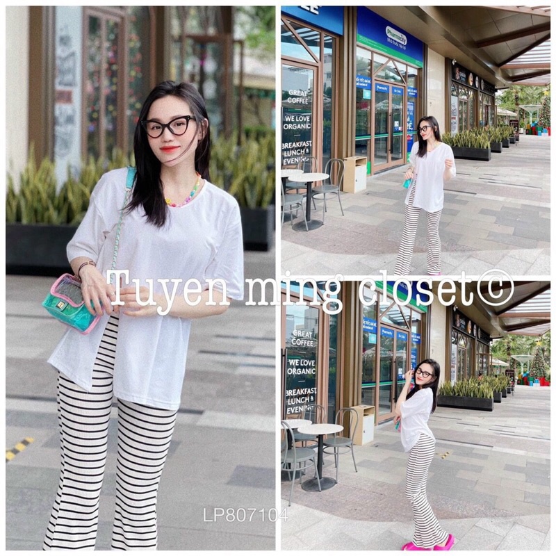 Set áo thun trơn xẻ tà tay con + quần dài sọc ống loe
