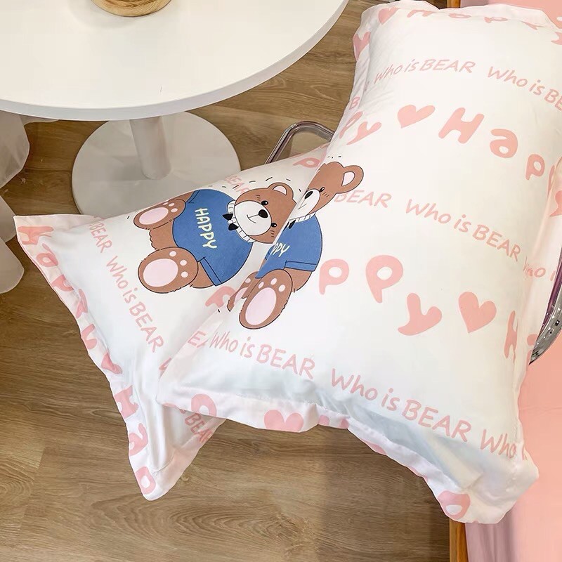 Set Chăn Ga Gấu Happy Ga Tim Hồng Cotton Poly Thoáng Mát Hàng Xuất Nhật (Shinbedding_store)