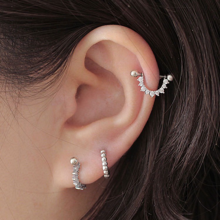 Khuyên tai bạc unisex cong nạm đá chốt vặn thẳng TleeJewelry B0149