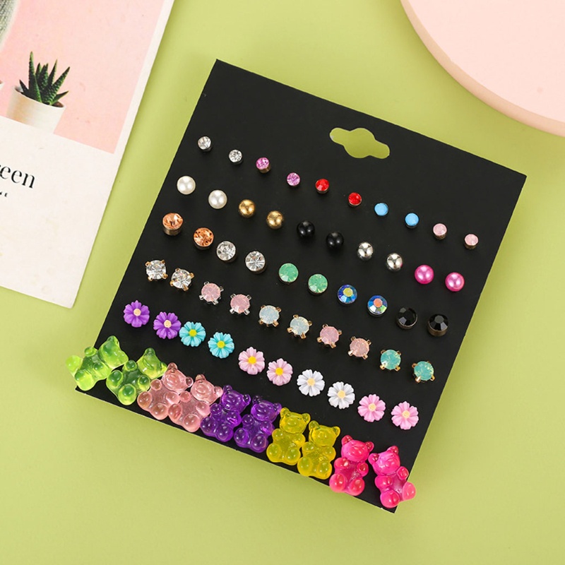 Bông Tai Hình Gấu Và Hoa 3D Mini Màu Gradient Thời Trang