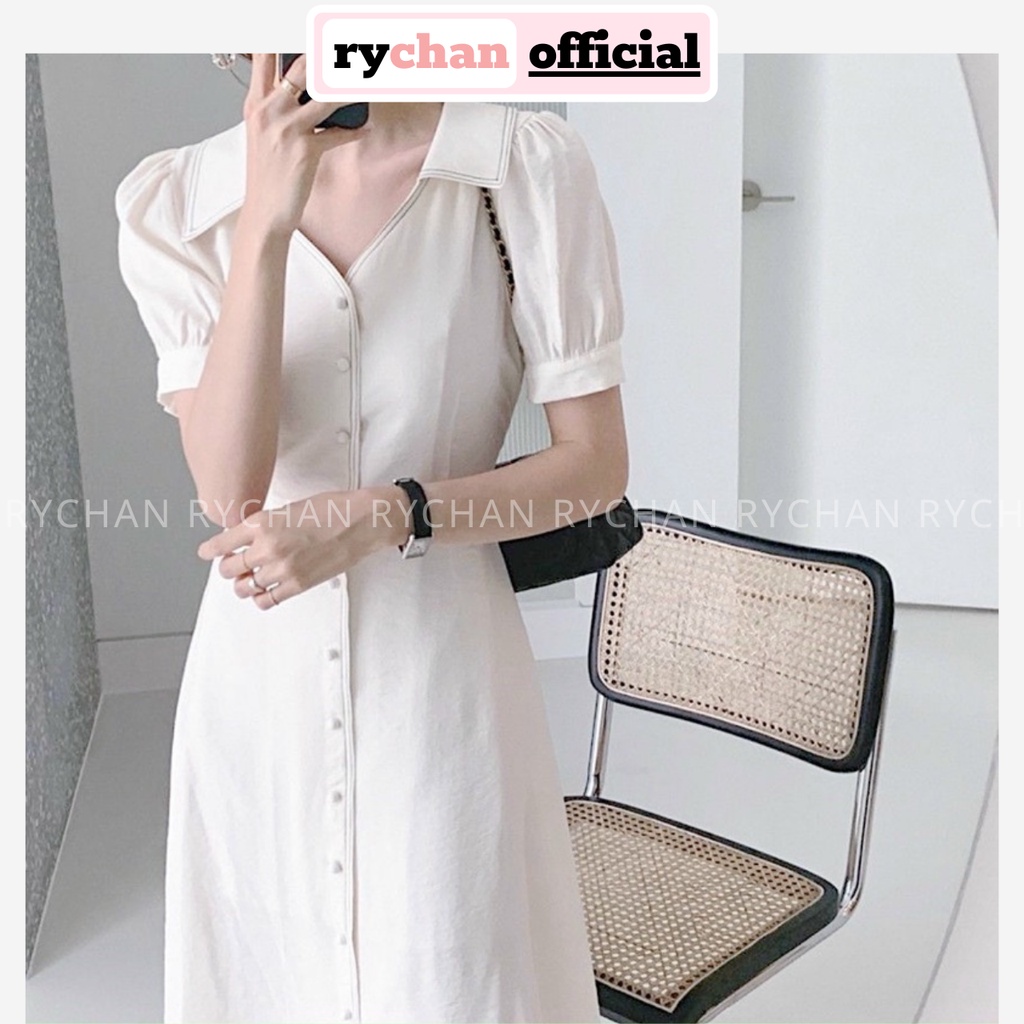 Đầm Nữ Dự Tiệc Sơ Mi Cách Tân Nút Trước Tay Ngắn Phồng Màu Trắng [ẢNH THẬT CUỐI] - DX9799