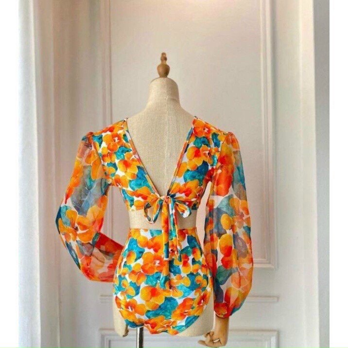 Bikini bộ bơi đồ bơi đi biển nữ liền thân tay voan phồng họa tiết hoa cam siêu sang LT- 99