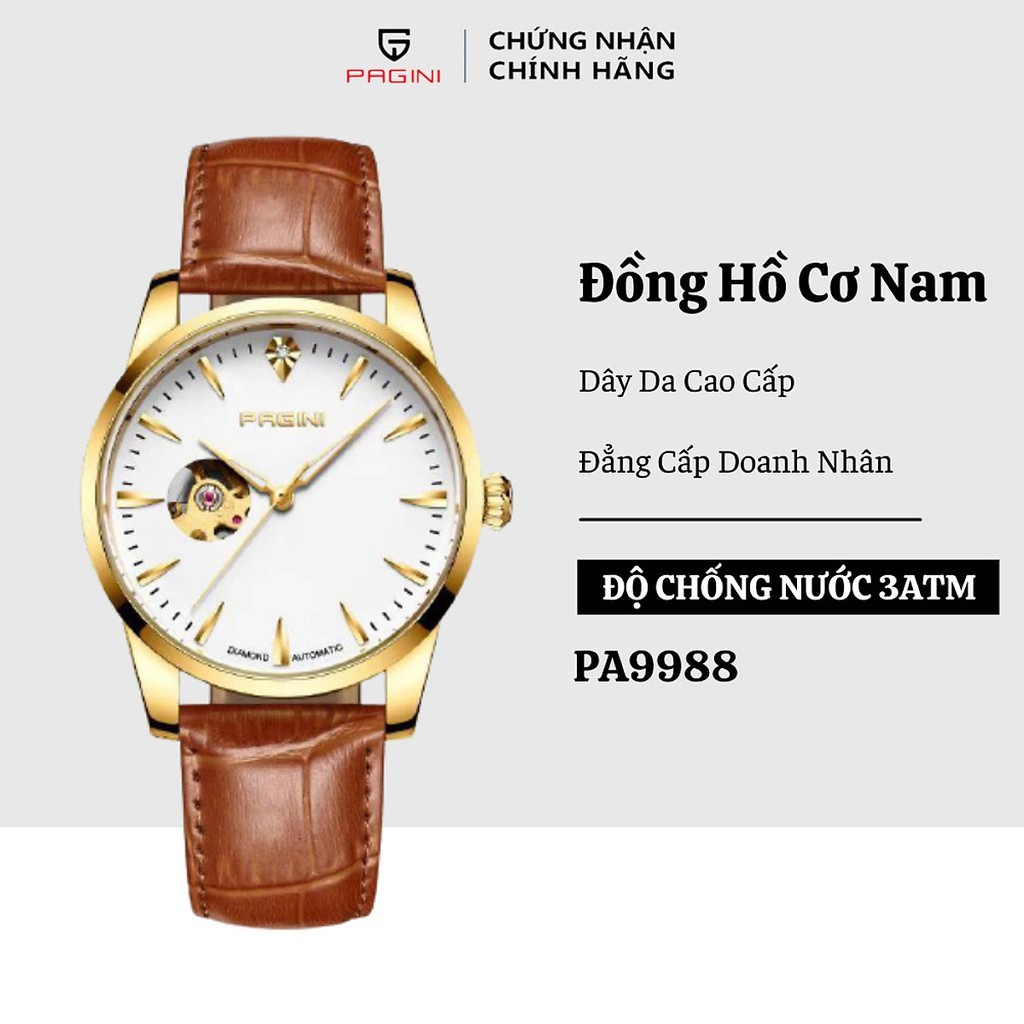 Đồng Hồ Nam PAGINI Chính Hãng Lộ Máy PA9988 Dây Da Cao Cấp Thoáng Khí, Kim Dạ Quang Ban Đêm - Full Box Bảo Hành 12 Tháng