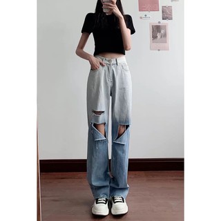 QUẦN JEAN ỐNG RỘNG NỮ LOANG MÀU XANH RÁCH VẠT SỌC PHẢI PHỐI VẠT TRÁI FORM DÀI RỘNG LAI