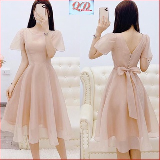 Đầm váy nữ dự tiệc dáng xòe cổ V đính ngọc thắt nơ sau thiết kế chất liệu Voon Tơ sang trọng QD_Fastion MT070