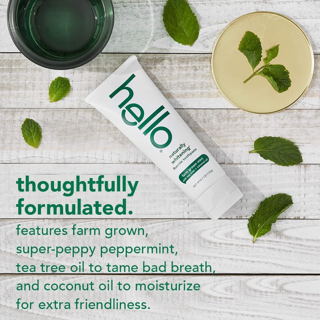 KEM ĐÁNH RĂNG DẦU DỪA &amp; BẠC HÀ - TRẮNG BÓNG Hello Oral Care Naturally Whitening Fluoride Toothpaste, 133g