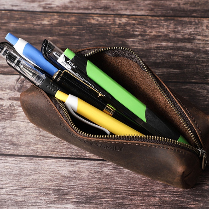 Túi Đựng Bút Bằng Da Bò Thật Hình Vuông Có Khóa Kéo Phong Cách Vintage