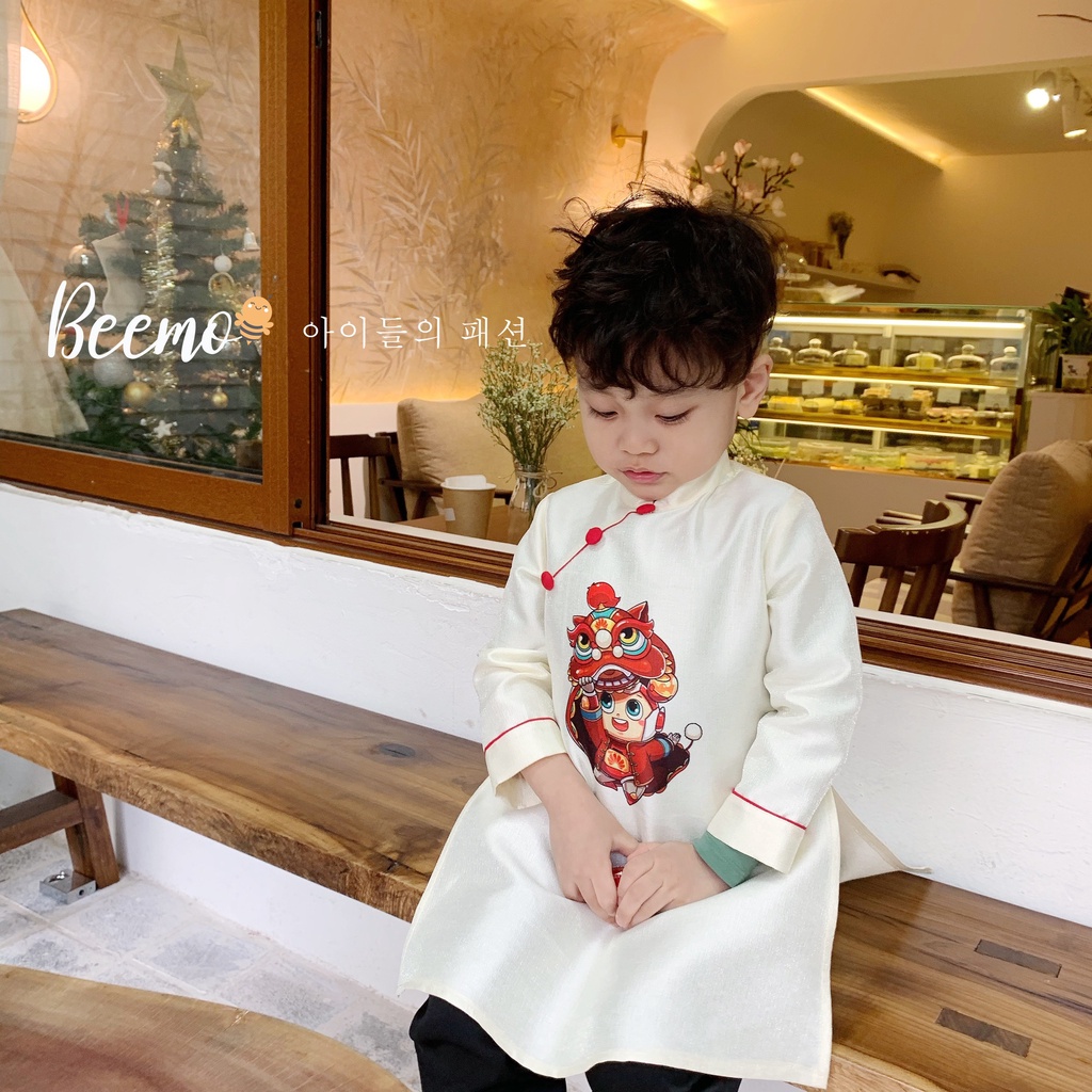 Set bộ áo dài cách tân Beemo in hình múa lân mặc Tết chất tafta nhũ quần lụa bóng đáng yêu cho bé trai bé gái - 20D083