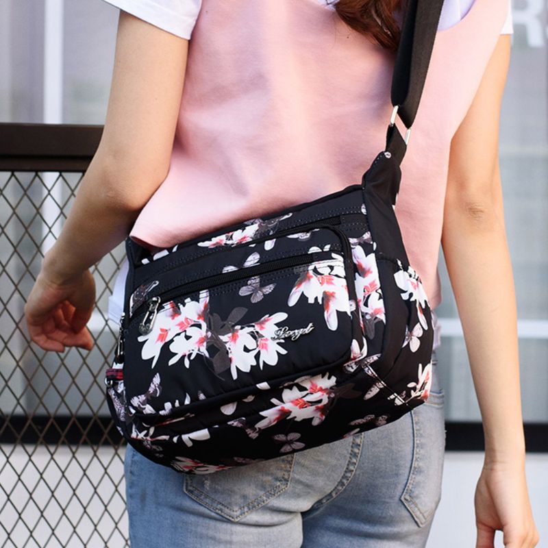 Túi Đeo Chéo Vai Bằng Nylon Họa Tiết Hoa Có Khóa Kéo Dành Cho Nữ