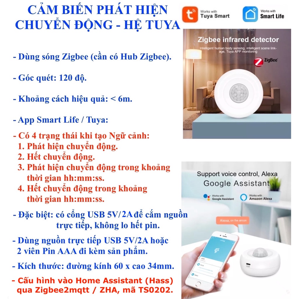 Cảm biến PIR phát hiện chuyển động, Zigbee, Hệ Tuya, Smart Life, Home Assistant -