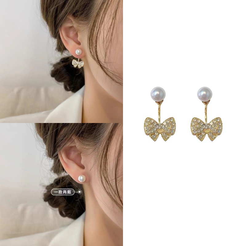 Bông Tai Mạ Bạc 925 Hình Nơ Đính Đá Ngọc Trai Giả Phong Cách Thời Trang Hàn Quốc