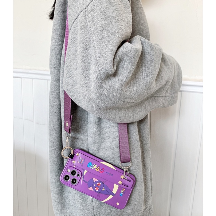 Ốp Điện Thoại Dẻo Họa Tiết Hoạt Hình Mèo Luna Dễ Thương Kèm Giá Đỡ &amp; Dây Đeo Cho iPhone14 13 12 11 Pro Max Plus