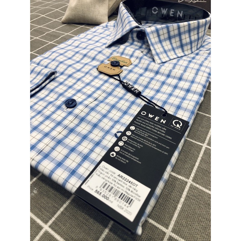 Áo sơ mi nam dài tay OWEN AR22245DT somi công sở vải sợi tre cao cấp màu kẻ caro xanh trắng dáng suông tà lượn có túi