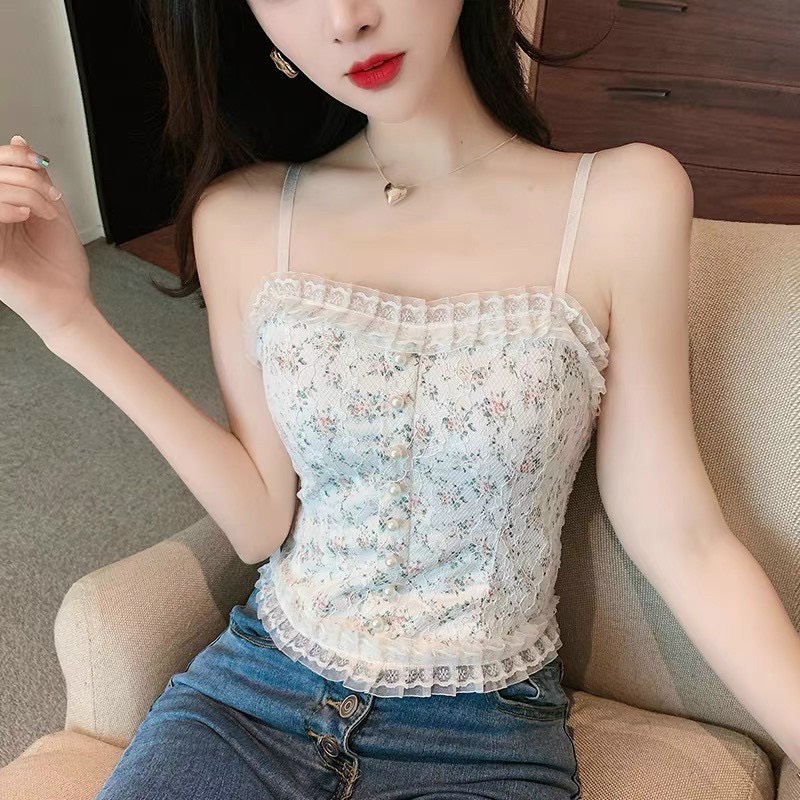 Áo Bra Hai Dây Croptop Phối Ren Họa Tiết Hoa Nhí, Áo Corset Lưng Chun Thoáng Mát | BigBuy360 - bigbuy360.vn