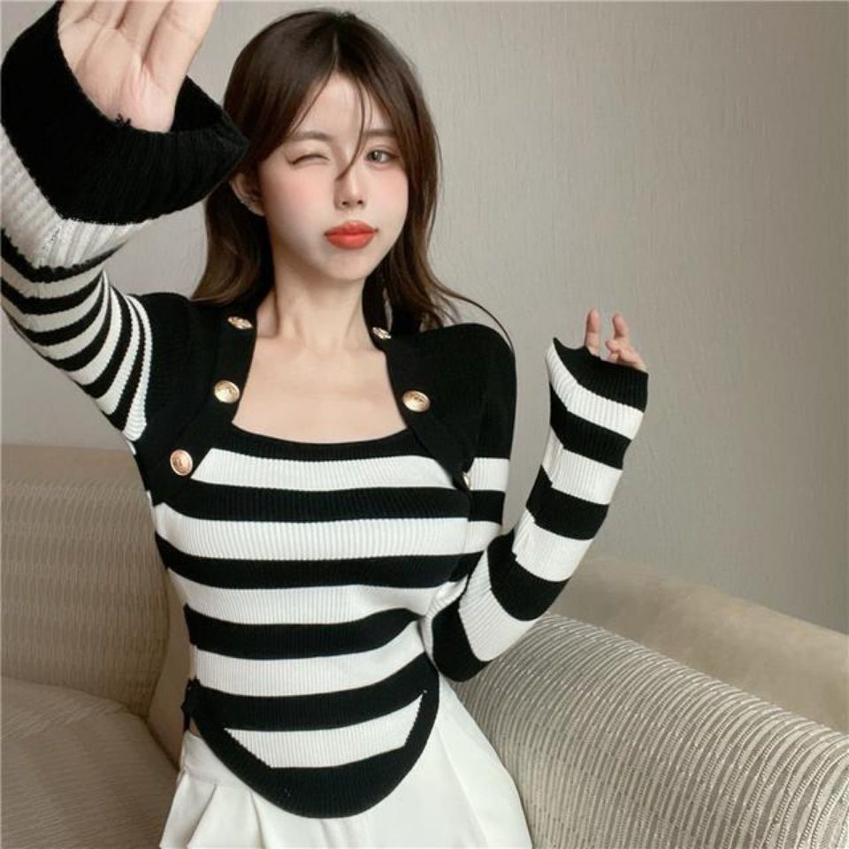 COZOK Áo sweater Tay Dài Dáng Ôm Kẻ Sọc Thời Trang Dễ Phối Đồ