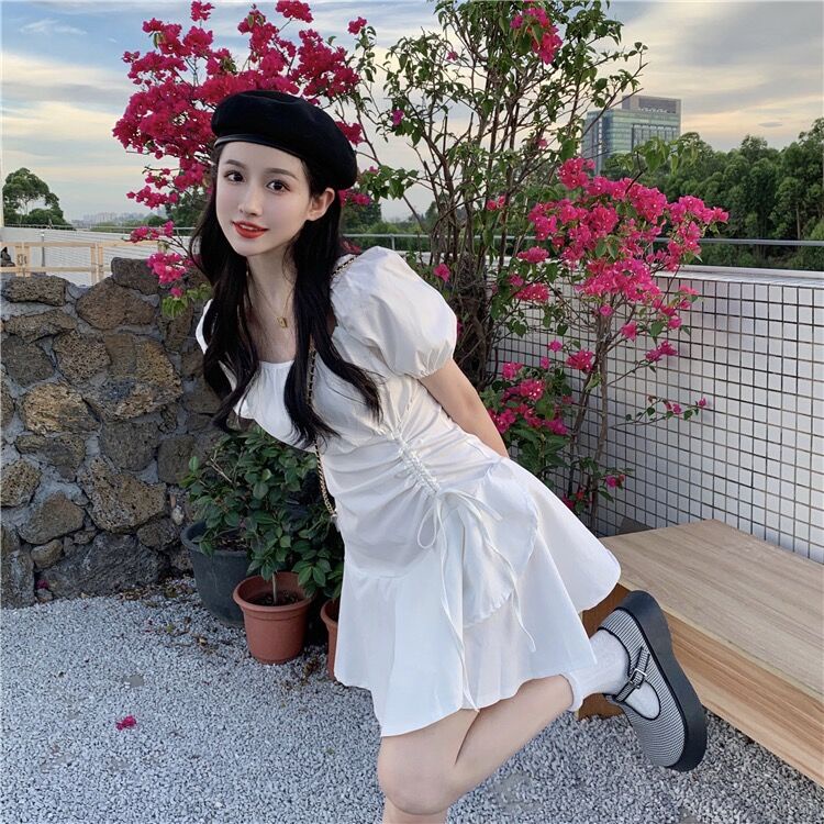 Đầm Tay Phồng Cổ Vuông Xếp Ly Màu Trắng Phong Cách Pháp Thời Trang Mùa Hè Mới Cho Nữ