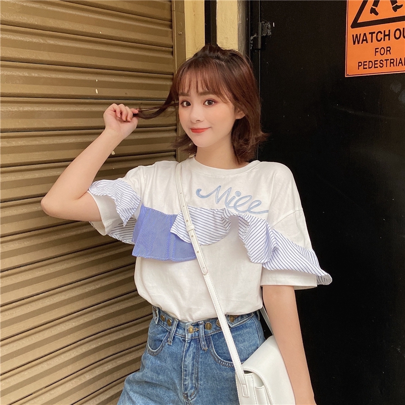 SUXI Áo Thun Tay Ngắn Cổ Tròn Phối Bèo Phong Cách Hàn Quốc Cho Nữ