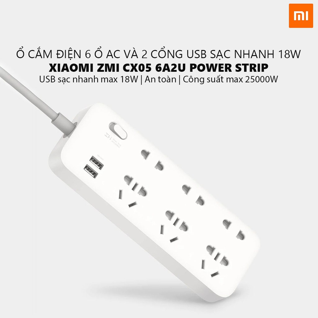 Ổ cắm điện Xiaomi ZMI Power Strip 6 Cổng 2 USB CX05 - Hàng Chính Hãng - Bảo Hành 6 Tháng