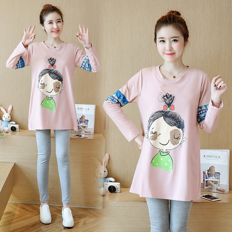 Áo bầu cotton dài tay in hình cô gái cute