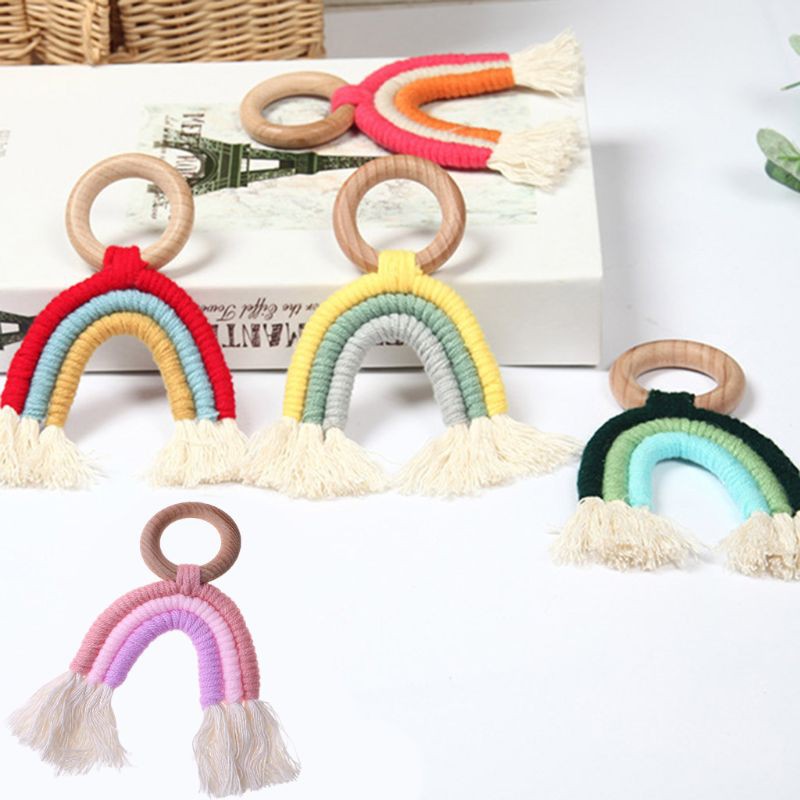 Đồ Chơi Gặm Nướu Bằng Cotton Phối Ren Và Tua Rua Màu Cầu Vồng Phong Cách Boho Cho Bé