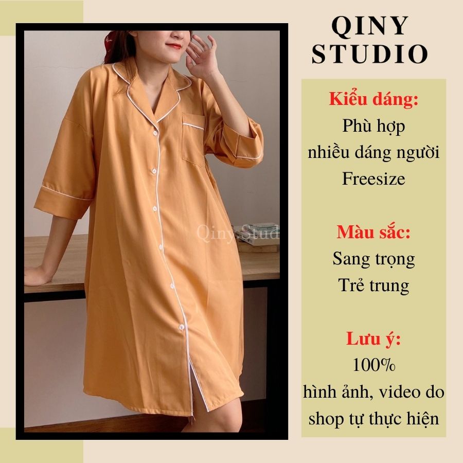 Đầm ngủ Qiny Studio váy ngủ bigsize đồ mặc nhà nữ dễ thương vải lụa tặng kèm quần cùng màu dưới 80kg
