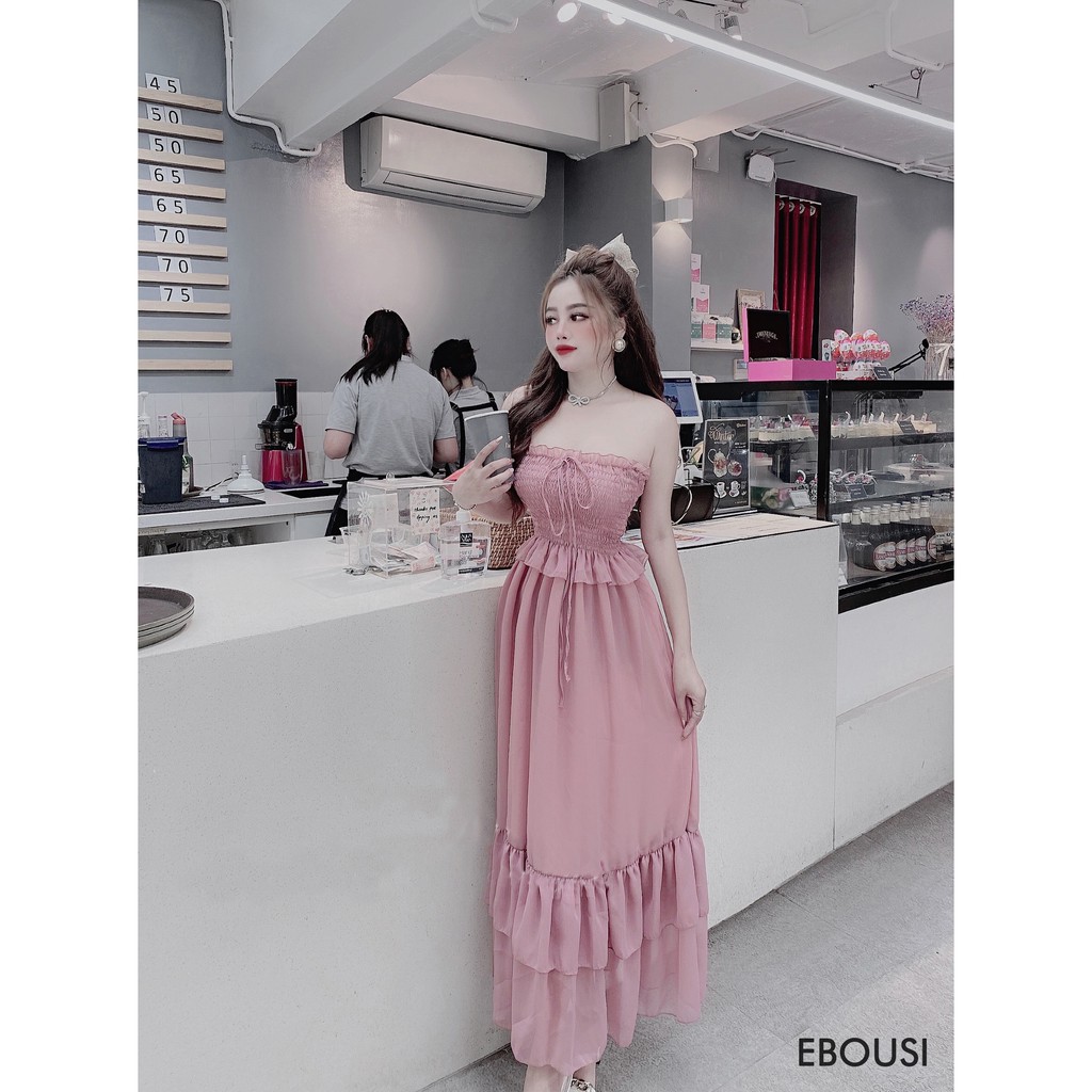 Đầm Maxi Dáng Xòe, Ngực Nhún Bèo Thắt Nơ, Bo Eo Và Đuôi Xòe Bèo 2 Tầng (ETO004) - Vải Tơ - 2 Màu Hồng, Nâu - Mặc Đi Tiệc