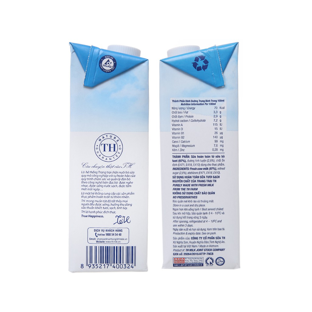Sữa tươi tiệt trùng TH True Milk 1L (có đường, không đường).