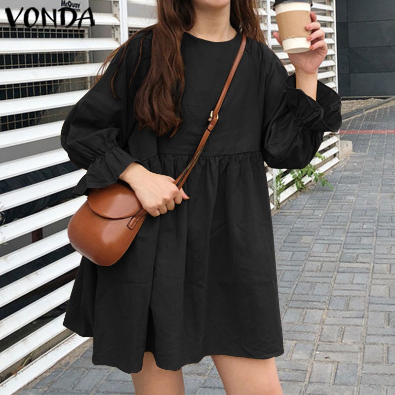 Đầm ngắn VONDA tay dài xếp nếp 1 màu thời trang ngày nghỉ cho nữ | BigBuy360 - bigbuy360.vn