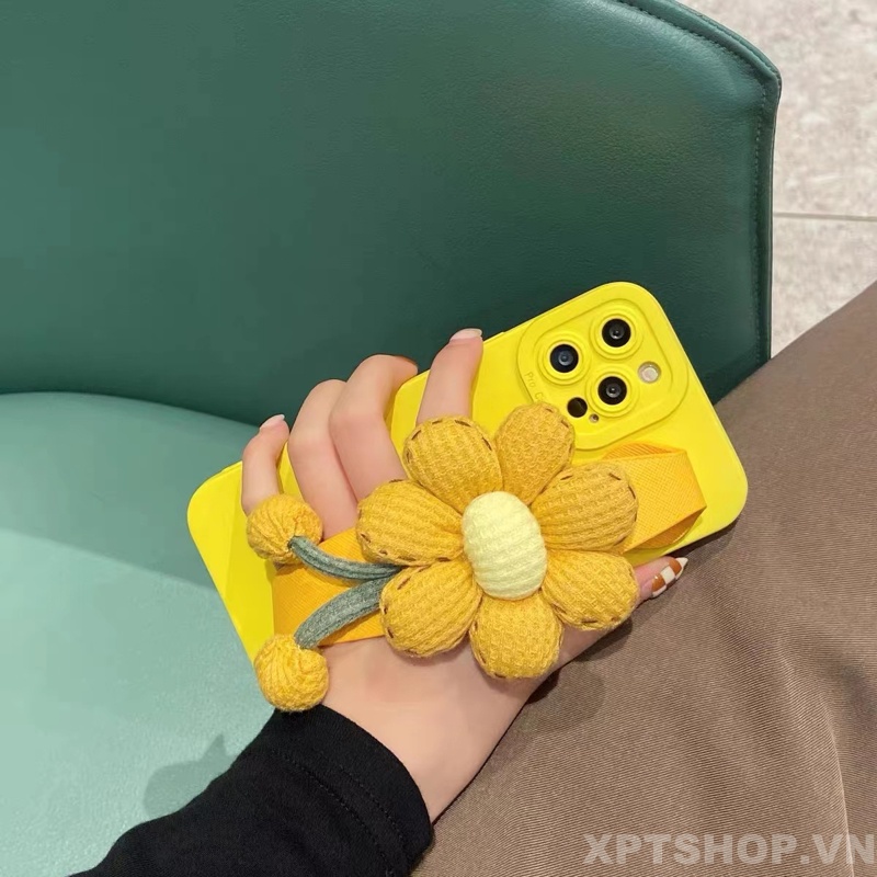 Ốp Điện Thoại Dẻo Họa Tiết Hoa Vàng 3D Có Dây Đeo Tay Bảo Vệ Camera Cho iPhone 14 Pro Max 13 Pro Max 12 Pro Max 11 Pro Max