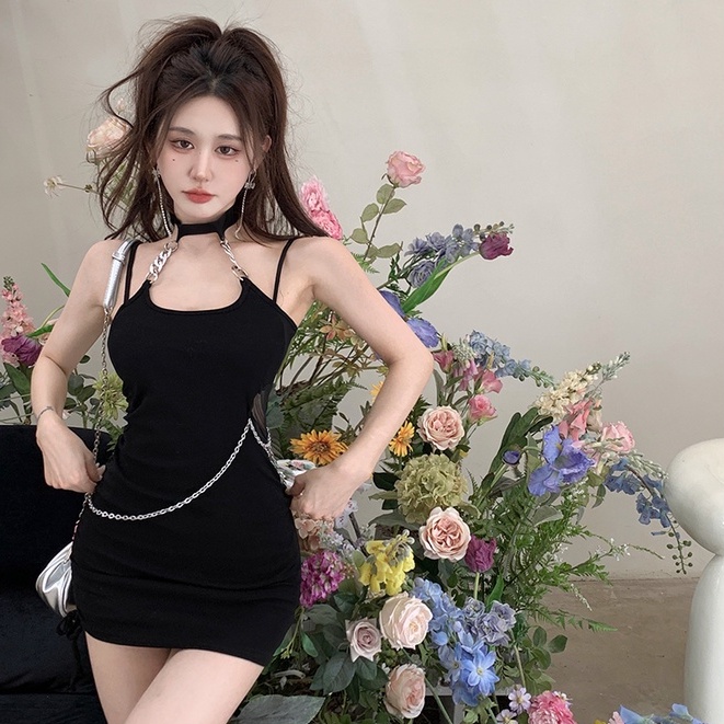Đầm Hai Dây Màu Đen Co Giãn Thiết Kế Gợi Cảm Thời Trang Hàn Quốc Cho Nữ