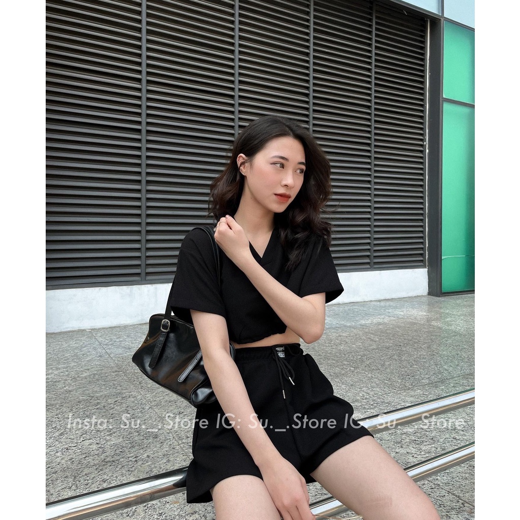 Set áo gân tăm croptop rút eo kèm short S196 SUSTORE
