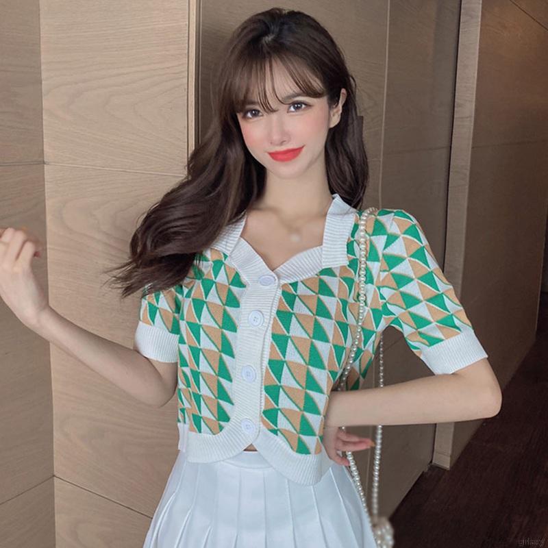 Áo Dệt Kim Tay Ngắn Cổ Vuông Họa Tiết Kẻ Sọc Phong Cách Hàn Quốc Thời Trang Cho Nữ