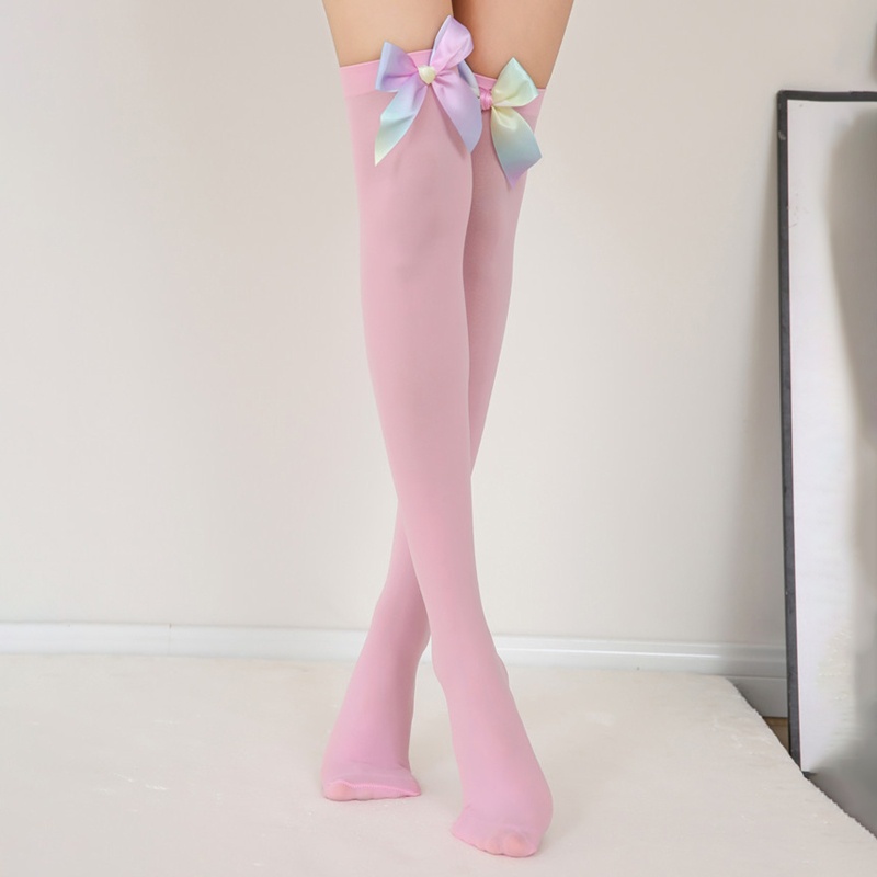 Tất Nhung Dài Qua Gối Đính Nơ Màu Cầu Vồng Phong Cách Lolita Dễ Thương Cho Nữ