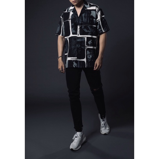 Áo sơmi cuban shirt , phom dáng oversize phù hợp cho cả nam và nữ với họa tiết trắng đen cực chất .