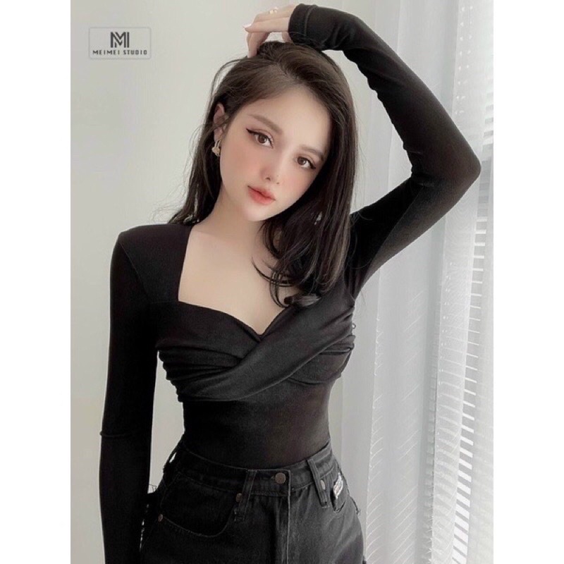 Áo thun croptop body Tay Dài xoắn ngực vải cotton A2191