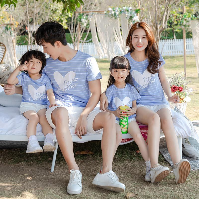 ✕☁Trang phục bố mẹ - con khác nhau, bộ đồ gia đình ba cái ngắn tay mùa hè, trang phục gia đình, áo sơ mi sọc thủy triều