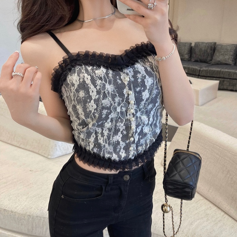 DUNEA Áo Hai Dây Hở Vai Phối Ren Họa Tiết Hoa Quyến Rũ Cho Nữ 3.3