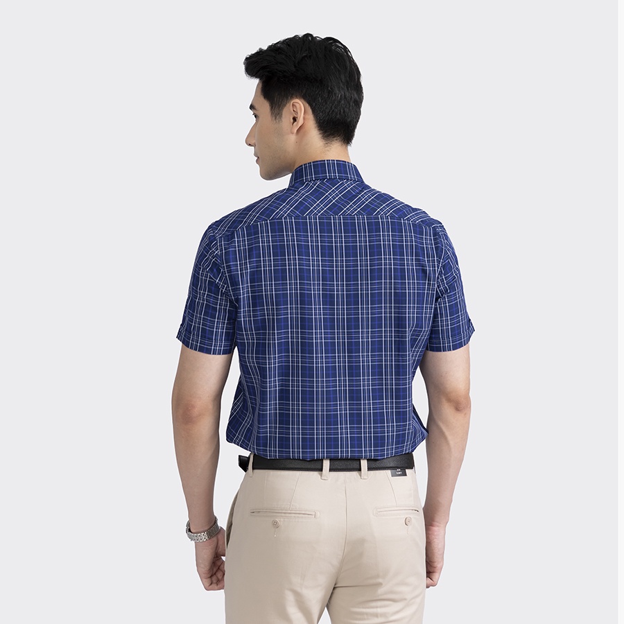 Áo sơ mi nam ngắn tay ARISTINO ASS320S2 công sở vải sợi sồi cao cấp xanh than kẻ trắng dáng suông tà lượn có túi