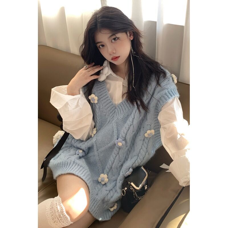 Áo Khoác Len Không Tay Họa Tiết Hoa Xinh Xắn Thời Trang Dành Cho Nữ