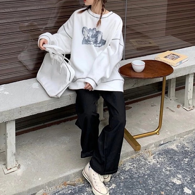 Áo hoodie dài tay nam nữ 2 màu phong cách Hàn Quốc - Áo nỉ sweater cổ tròn thêu chỉ nổi beatles form rộng ulzzang