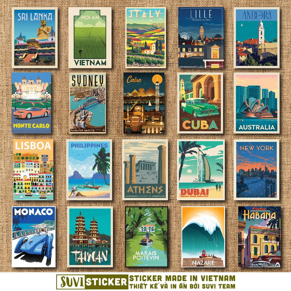 50 Sticker Vintage Travel chống nước sticker dán mũ bảo hiểm, laptop, điện thoại, đàn guitar, vali. MSP: SV38