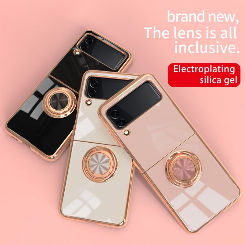 3 màu - Ốp silicon Samsung Z Flip 4 - Z Flip3 - Flip4 5G tím viền gold kèm ring lấp lánh sang trọng