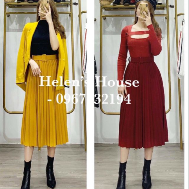 Chân váy dập li kèm đai vuông hàng QC