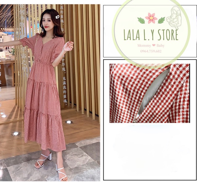 Váy sau sinh cho con bú, váy cho con ti kẻ caro đuôi cá trẻ trung, BST2021-LSV014