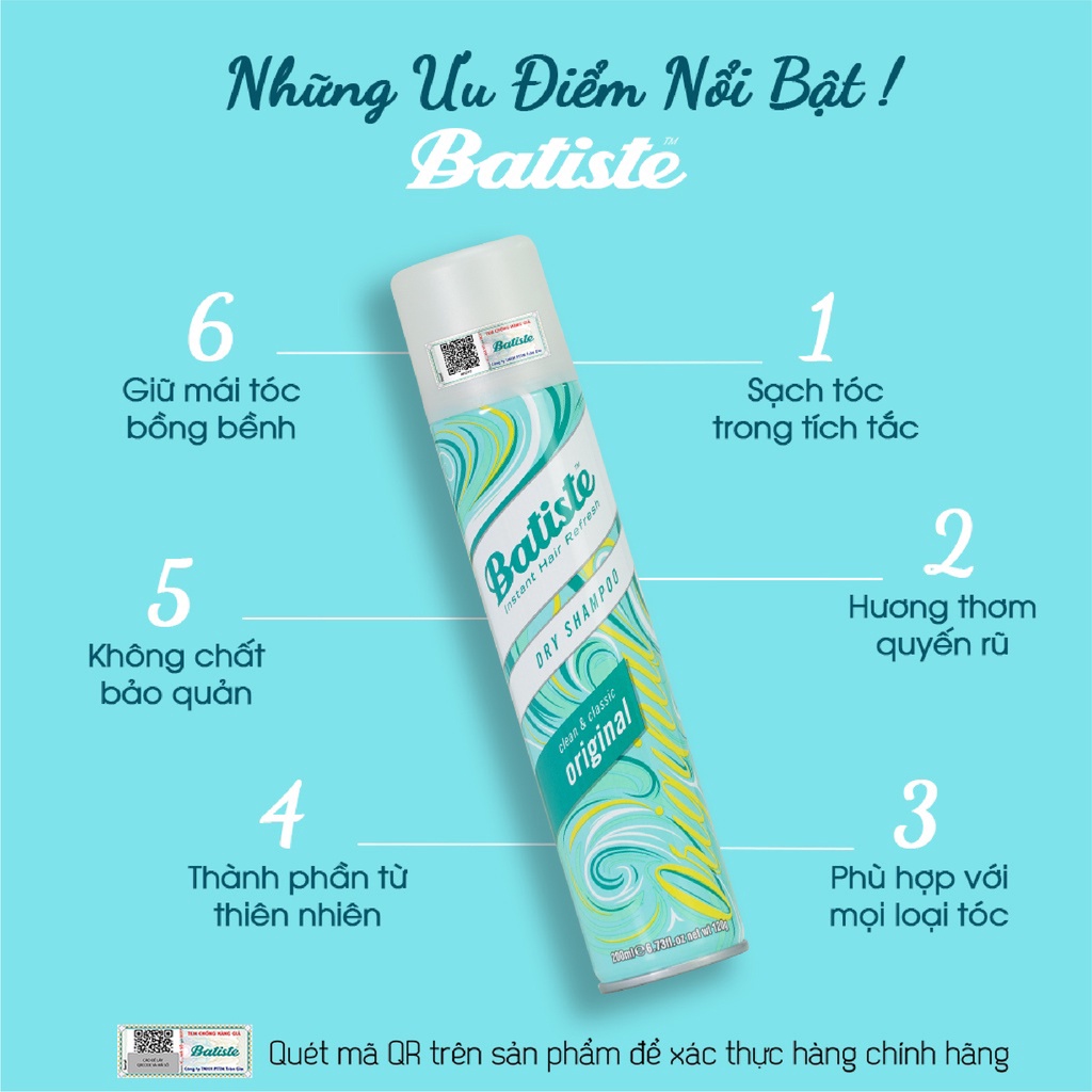 Dầu gội khô hương cổ điển nguyên bản Batiste Dry Shampoo Clean &amp; Classic Original